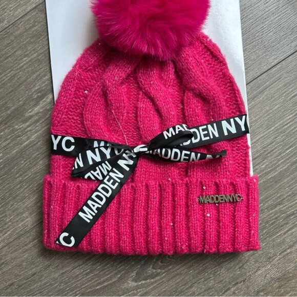 Steve Madden Women's Cable Knit Pom Pom Beanie Faux Fur Toque Hat Pink - Picture 2 of 6